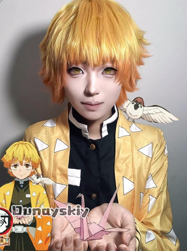 Anime Cosplay Demon Slayer - Anime Demon Agatsuma Zenitsu Cosplay Costume{Kisekiya}Women